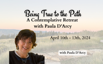 decorative image summarizing a Paula D'Arcy silent spiritual retreat in Racine, Wisconsin